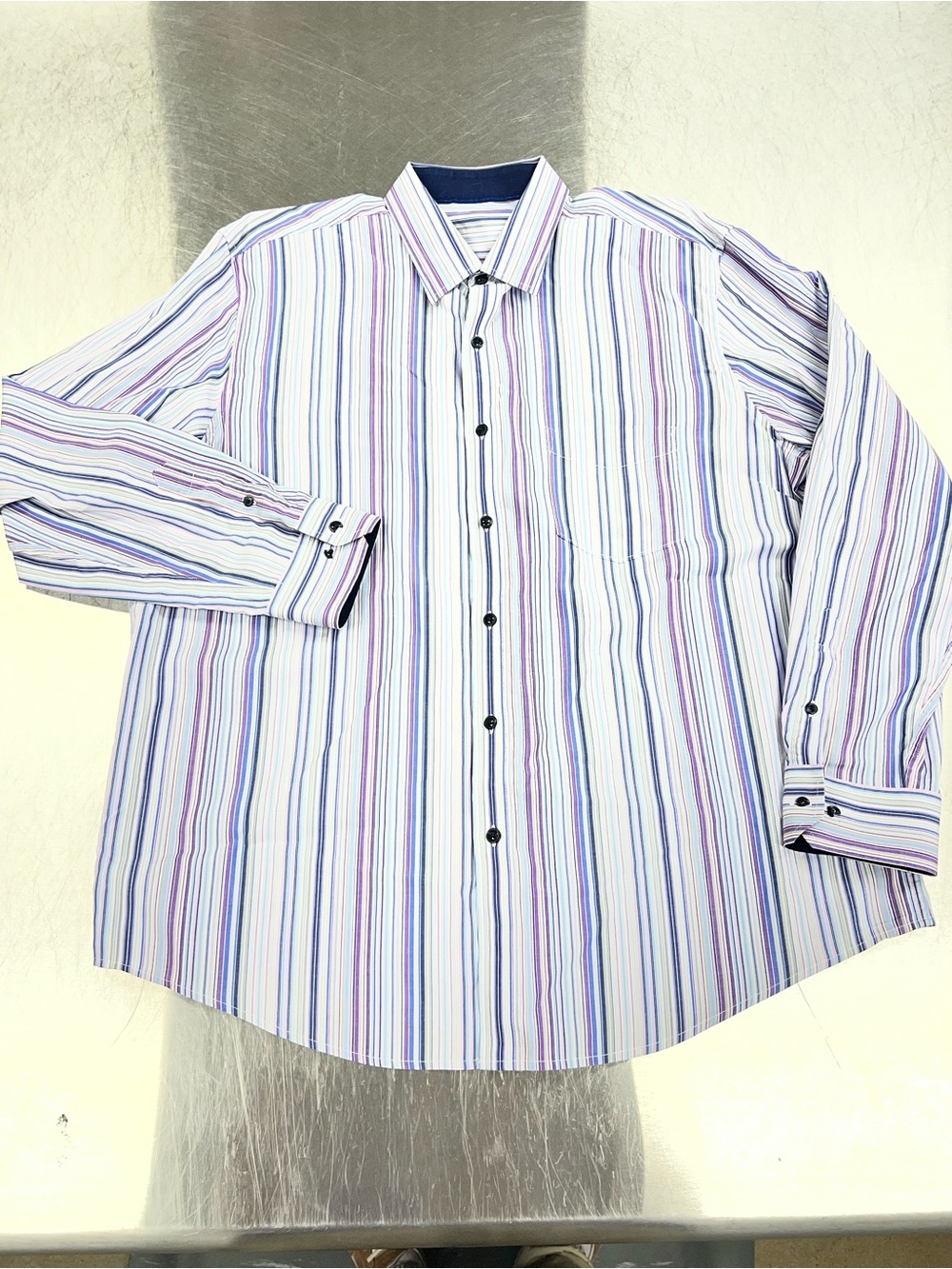 Tasso Elba Long-Sleeve Striped Dress Shirt - White with Blue & Purple Stripes 17